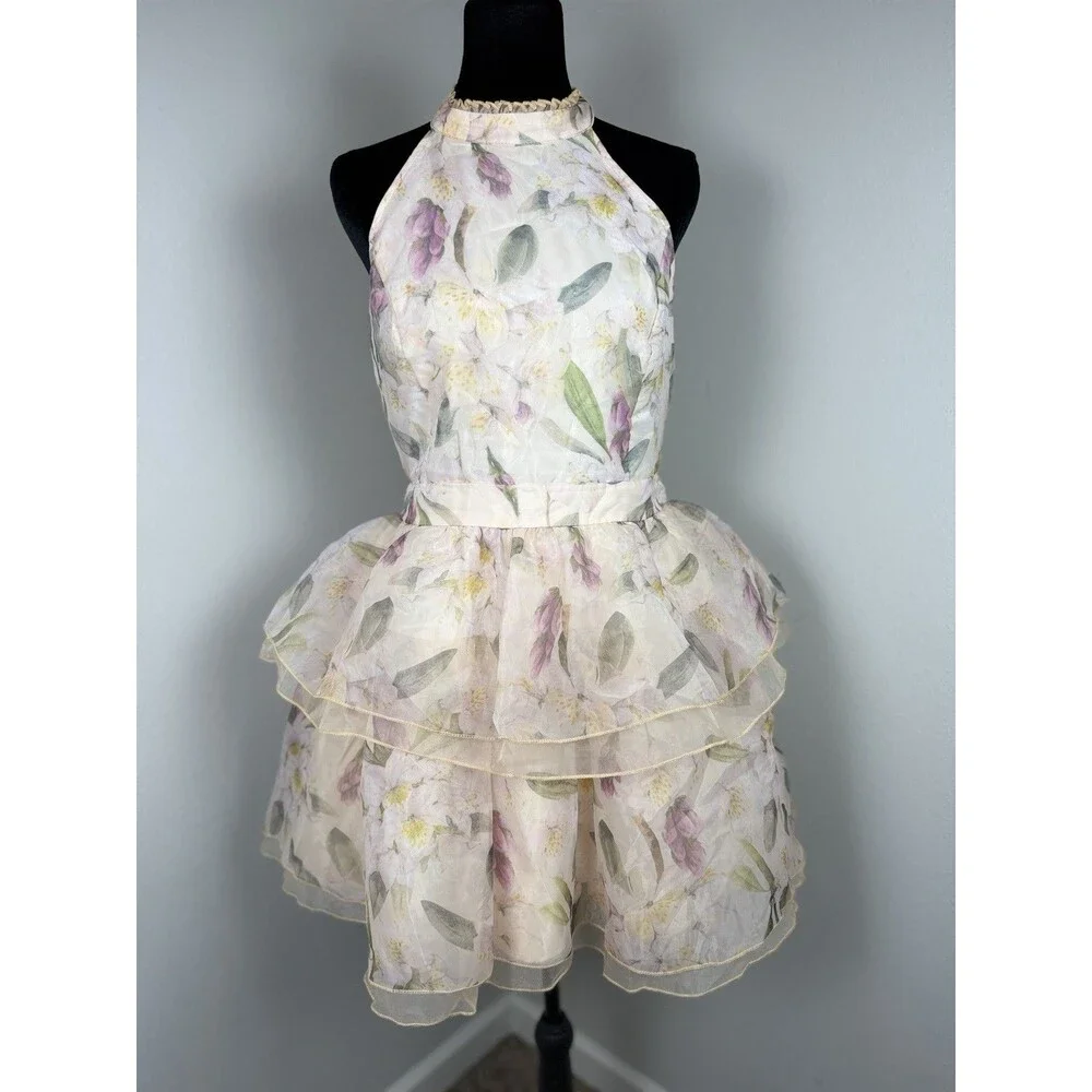 Arose Studio Danna Floral Print Halter Mini Dress Tiered Ruffle Size Large - Picture 6 of 16